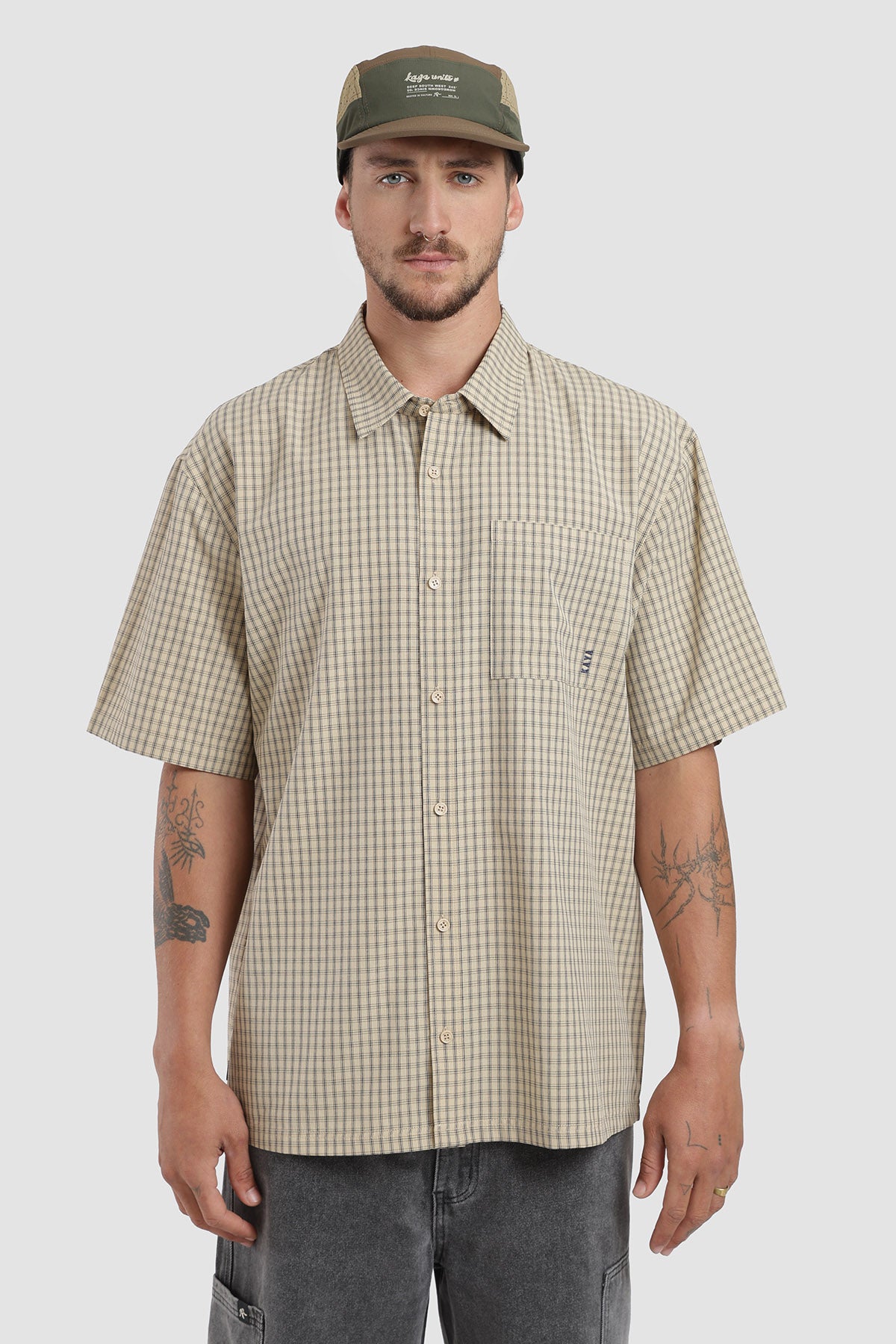 Camisa Manga Corta Cuadrillé Hombre - Crudo