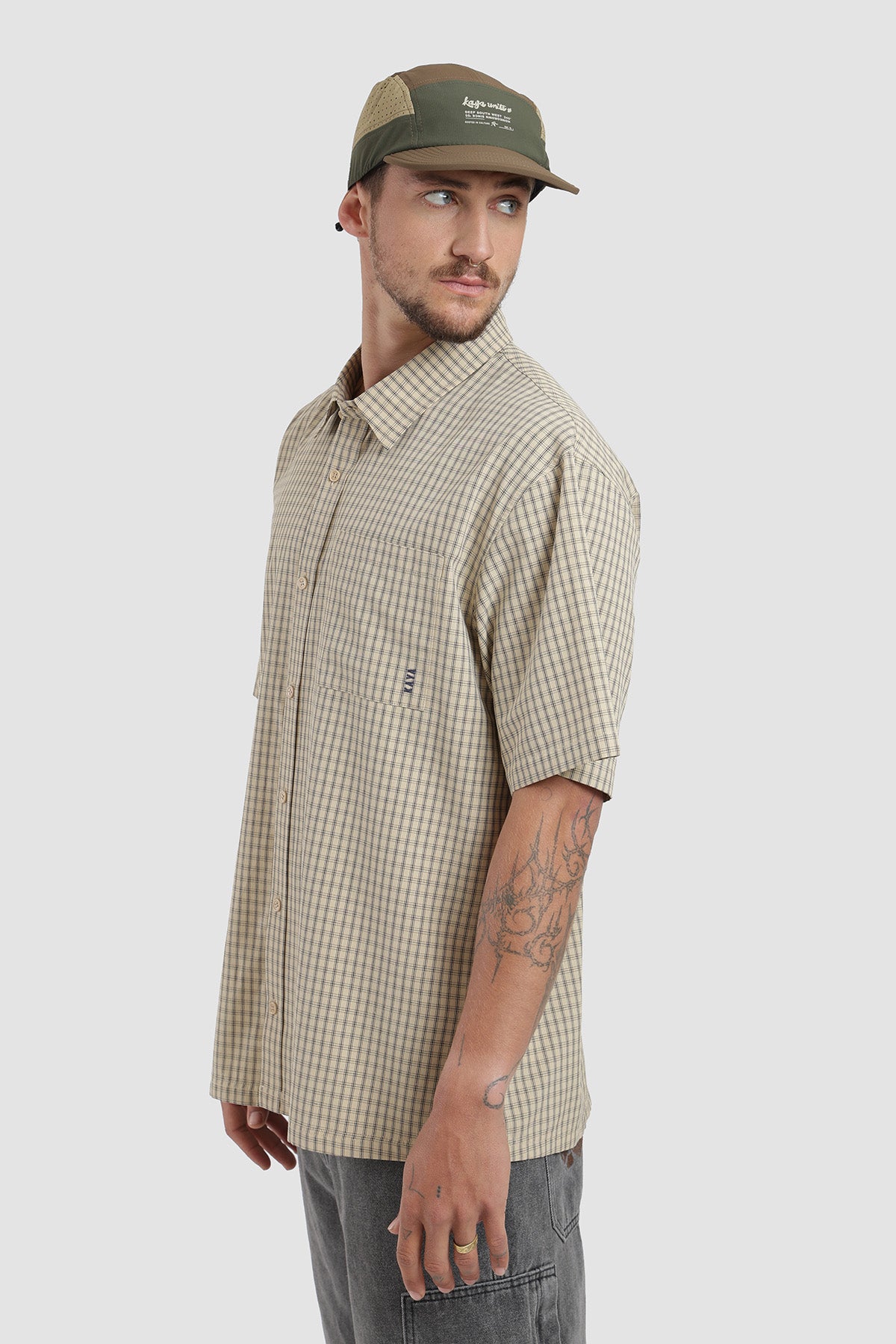 Camisa Manga Corta Cuadrillé Hombre - Crudo