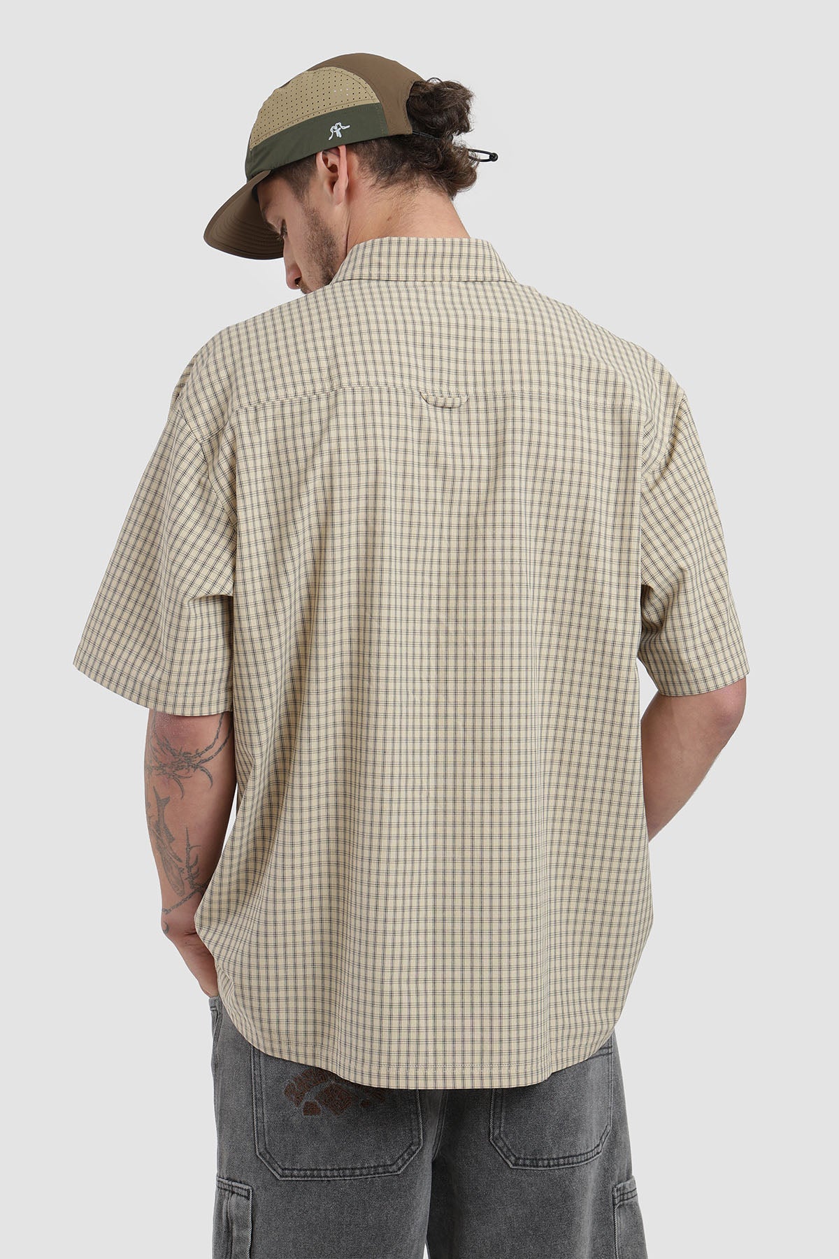 Camisa Manga Corta Cuadrillé Hombre - Crudo