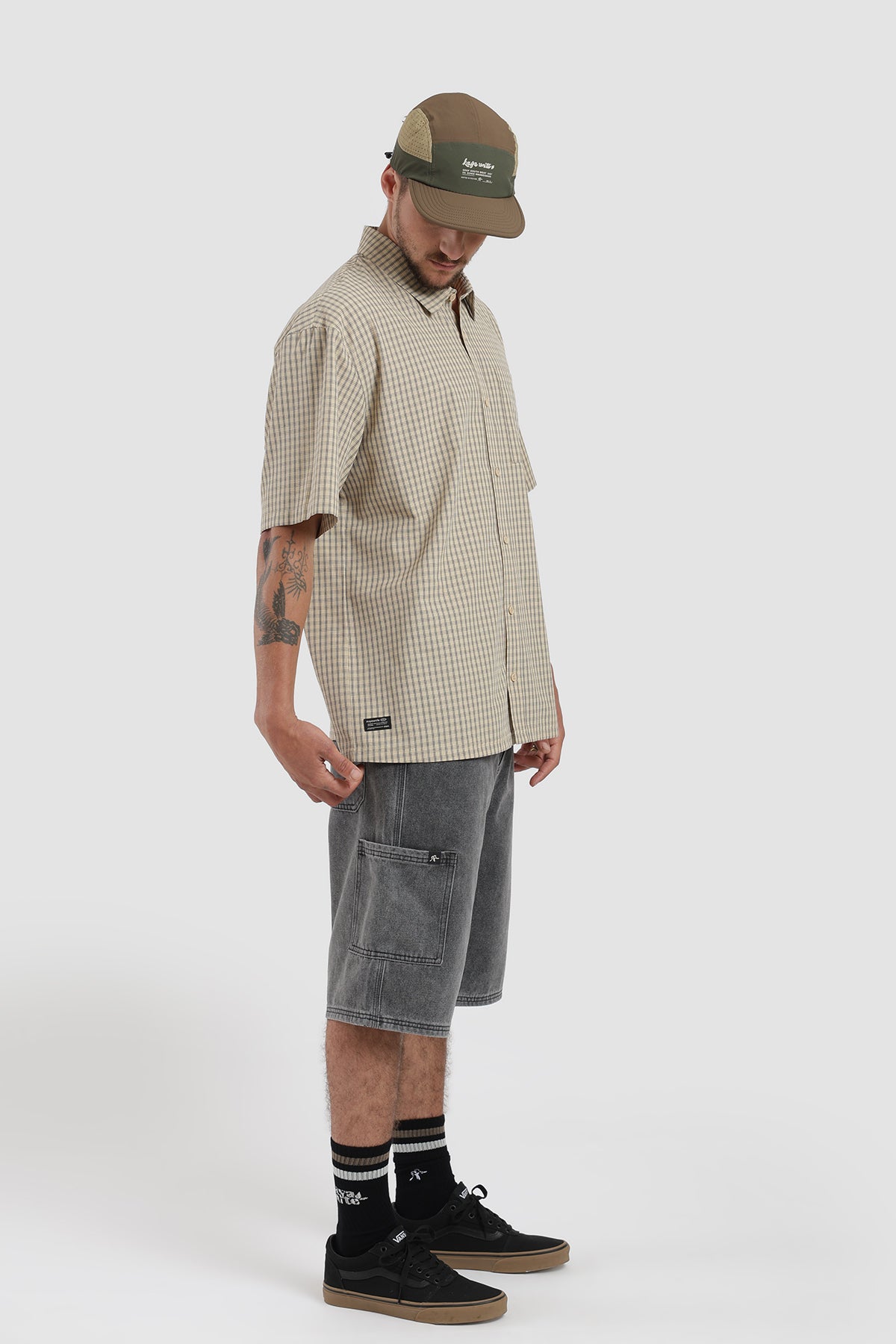 Camisa Manga Corta Cuadrillé Hombre - Crudo