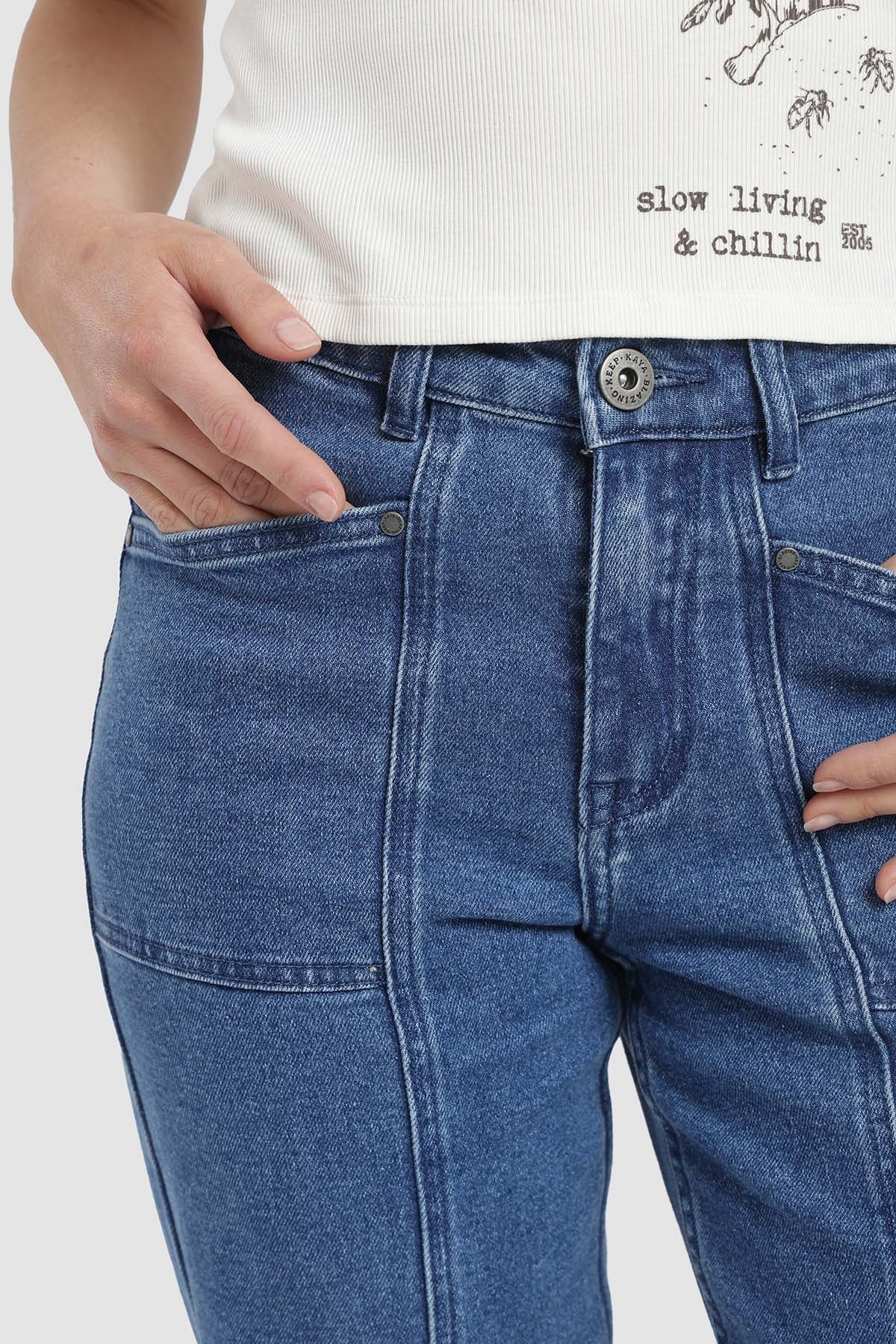 Pantalón Relaxed Bordado Denim Mujer - Azul Denim