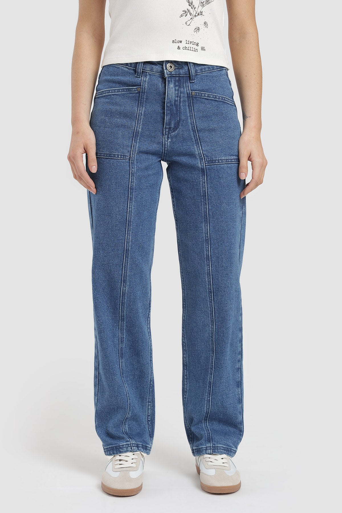 Pantalón Relaxed Bordado Denim Mujer - Azul Denim