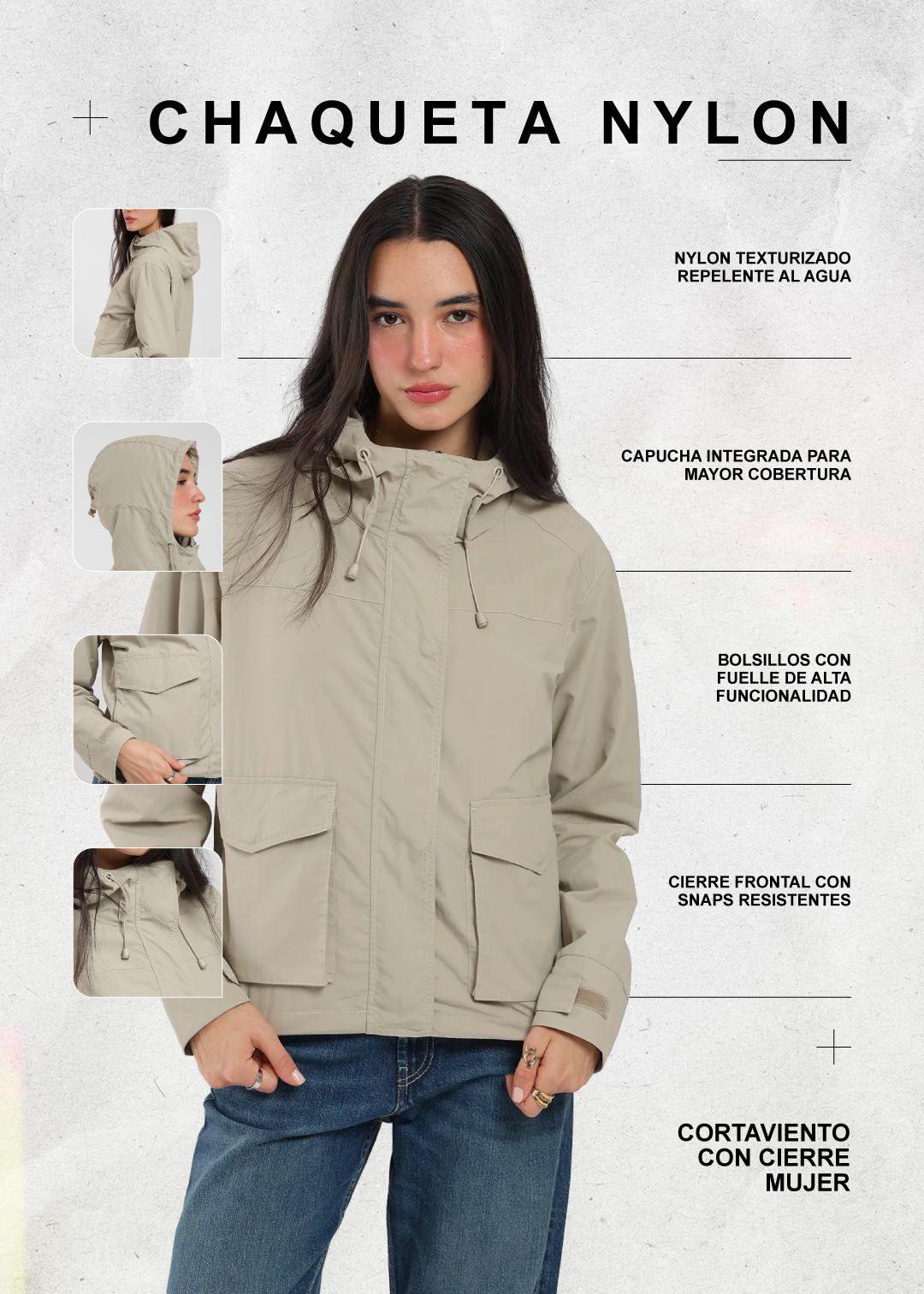 Chaqueta Cortaviento Con Cierre Nylon Mujer Sand #Color_Sand