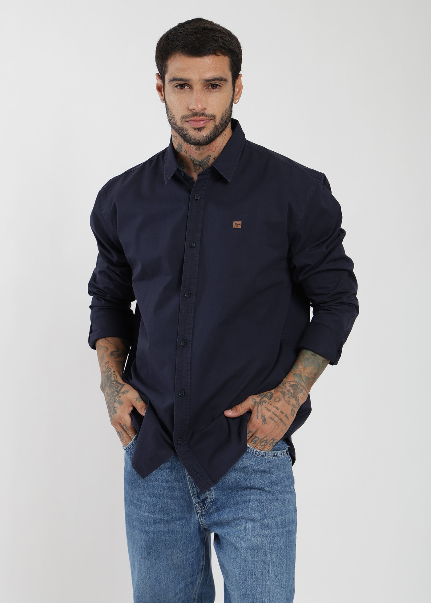 Camisa Manga Larga Algodón Hombre - Azul Oscuro