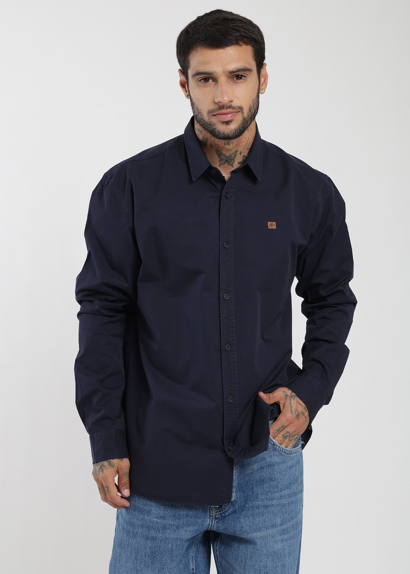 Camisa Manga Larga Algodón Hombre - Azul Oscuro