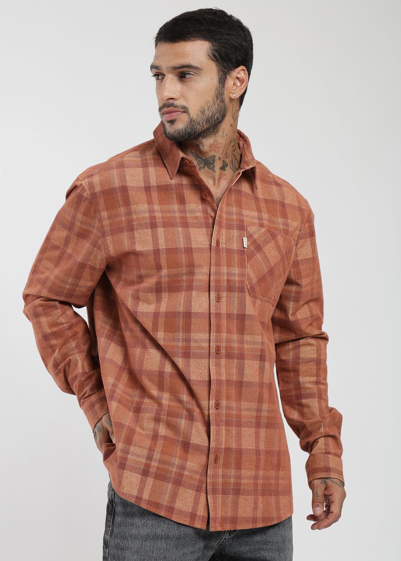 Camisa Manga Larga Cotelé Hombre - Café
