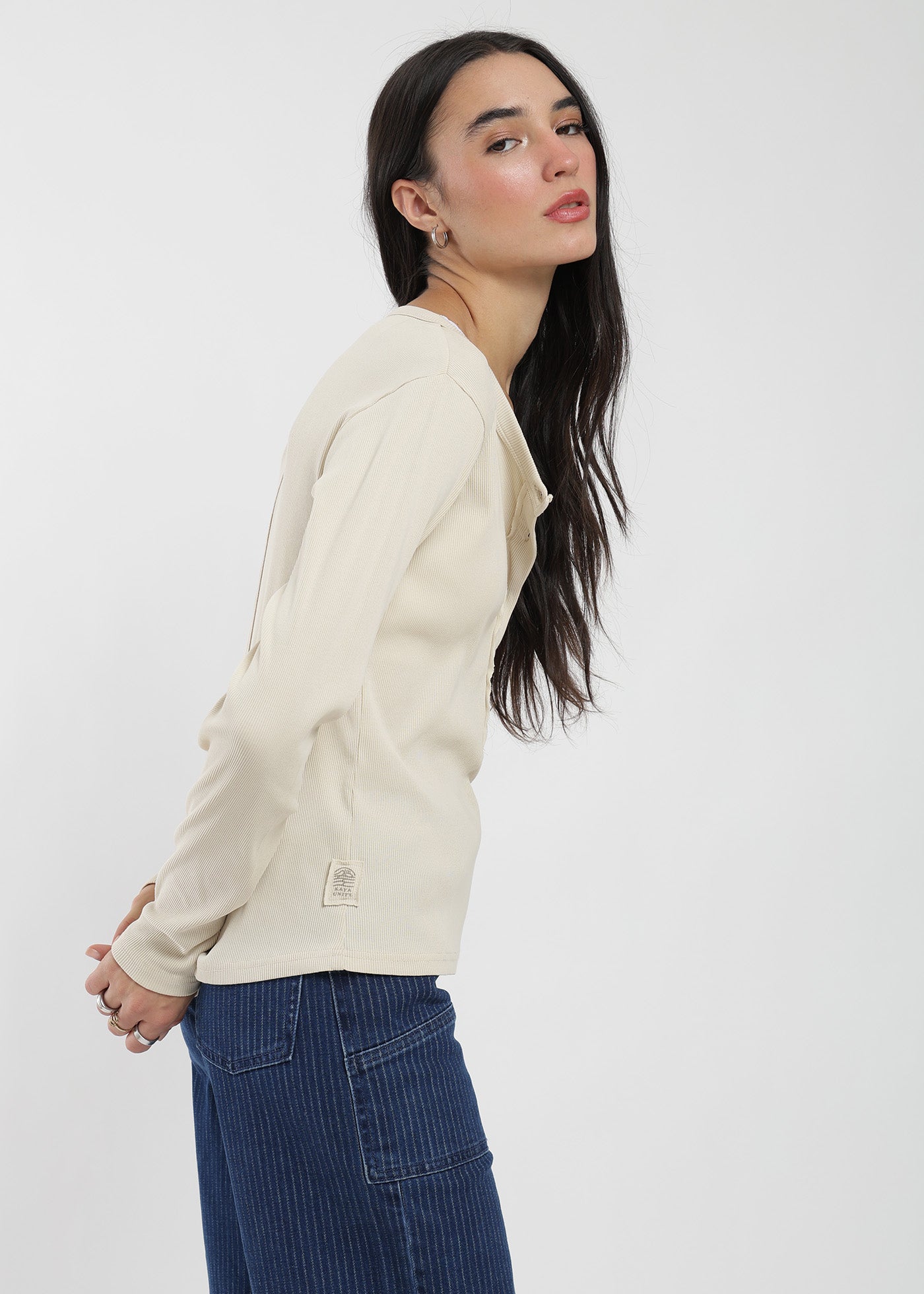 Polera Manga Larga Half Snap Rib Mujer Lavender #Color_Ecru