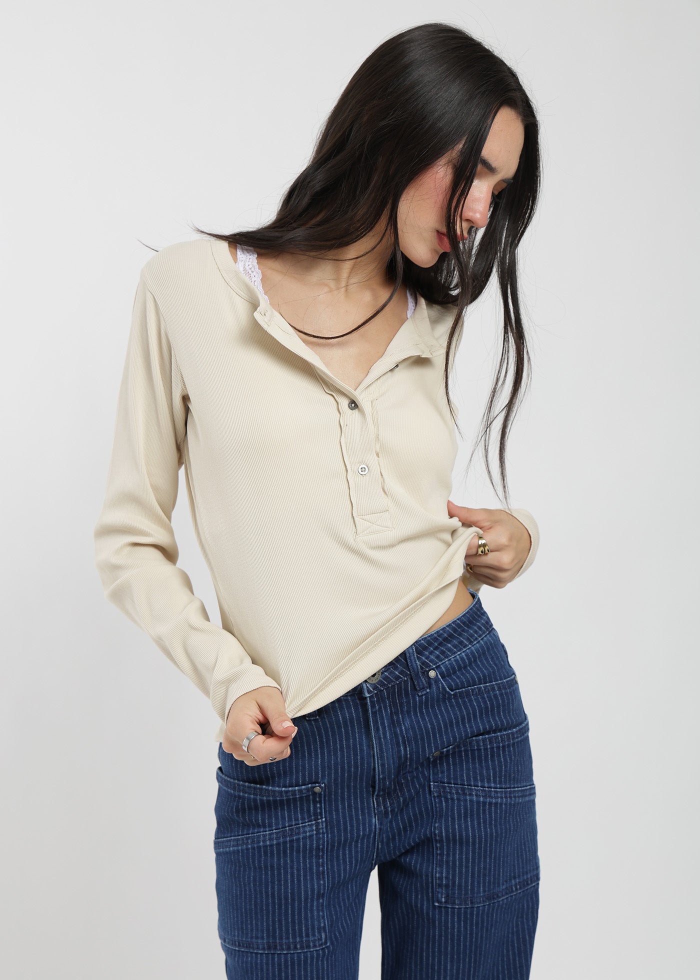 Polera Manga Larga Half Snap Rib Mujer Lavender #Color_Ecru