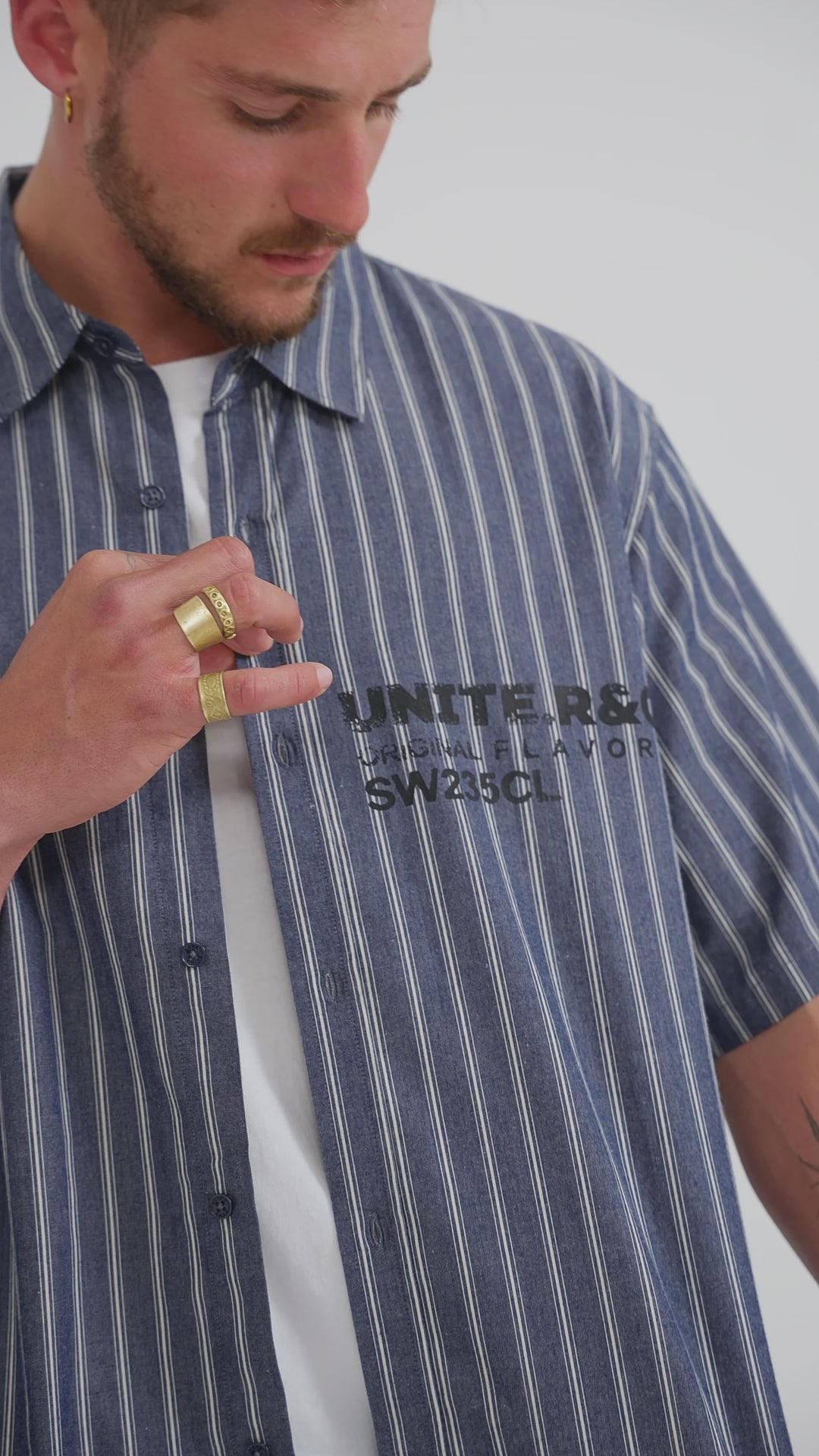 Camisa Manga Corta Print Rayas Hombre - Azul Marino