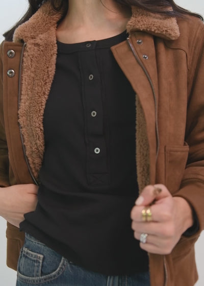 Chaqueta Bomber Suede Mujer Café #Color_Café